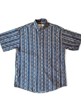 Men's Vintage Blue Patterned Short-Sleeve Fun Button-Up Shirt